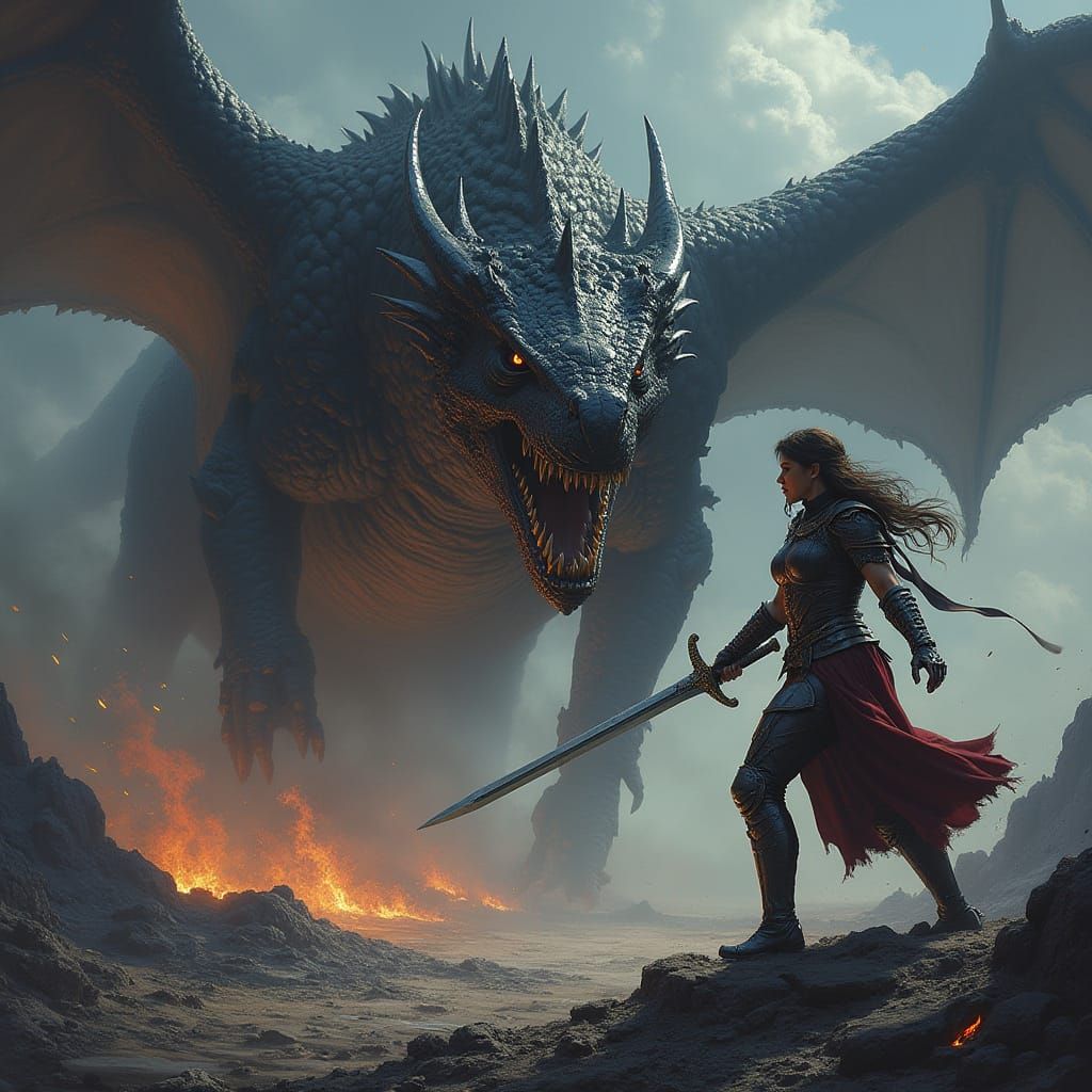 Obsidian Dragon Roars at Armored Warrior on Battlefield