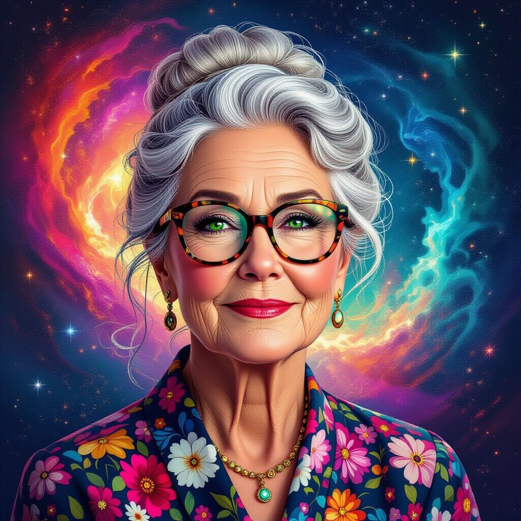 Grandmother in Astral Cosmos: Mixed Media Illustration