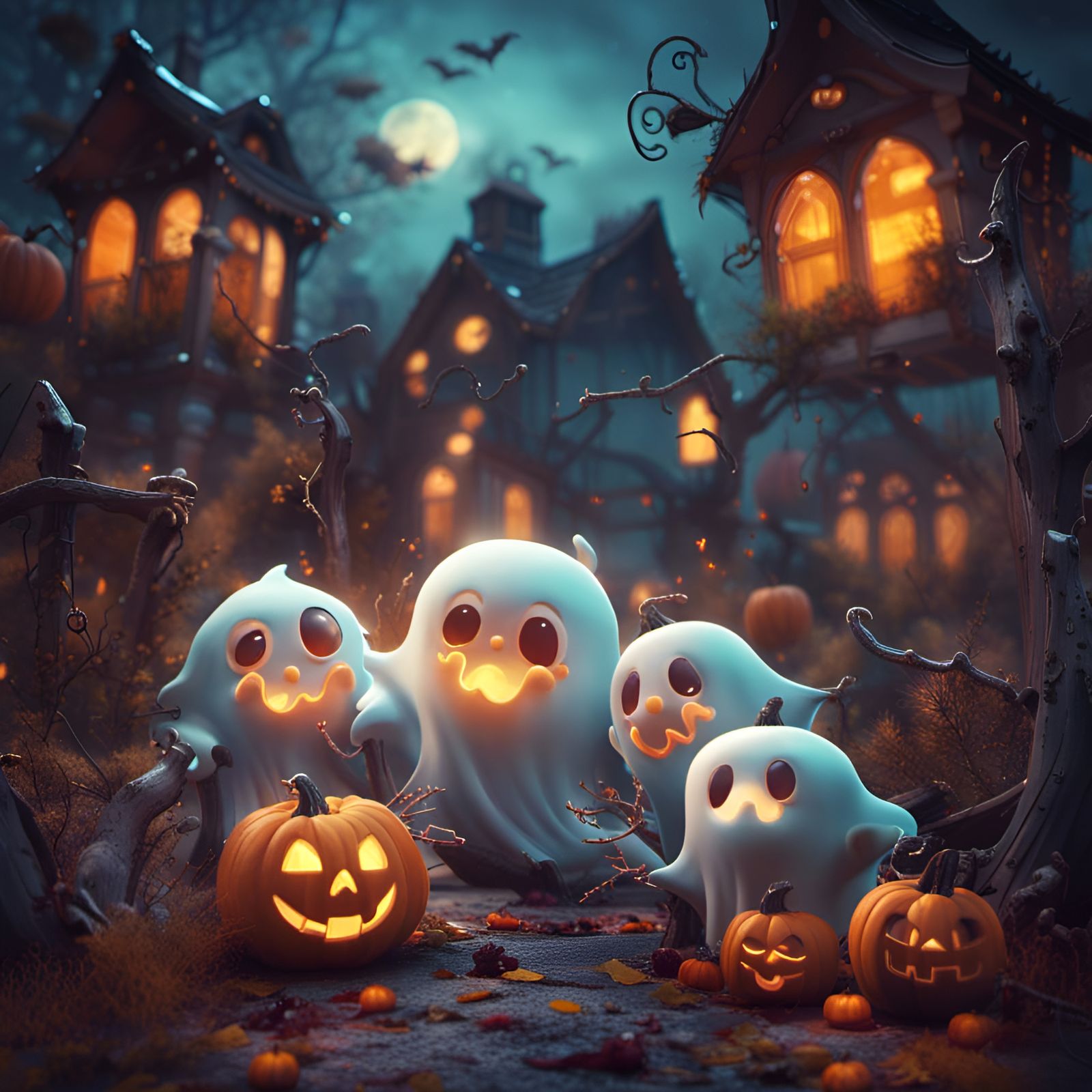 Cute Ghosts Trick or Treating: Halloween Concept Art