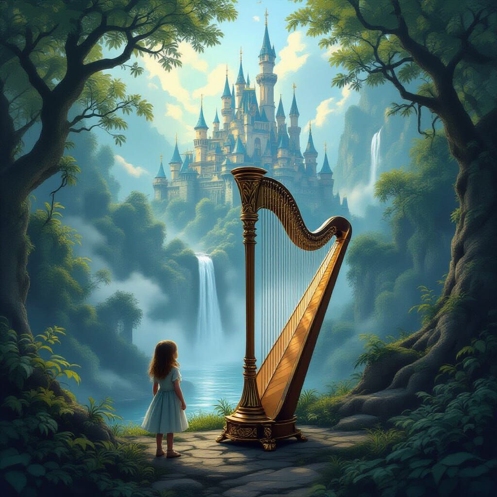 Enchanted Harp Discovery in Ancient Forest