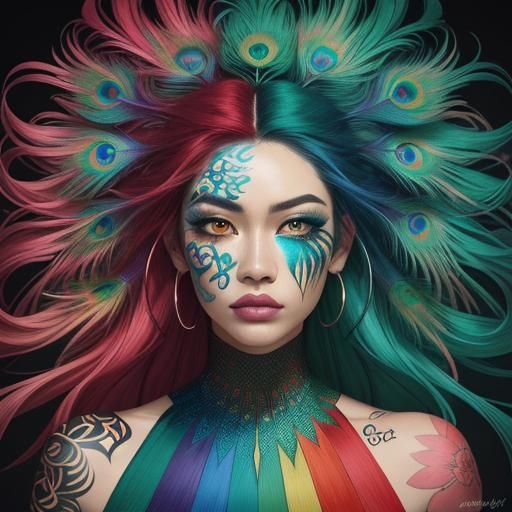 Asian Woman Portrait in Vibrant Graffiti Art