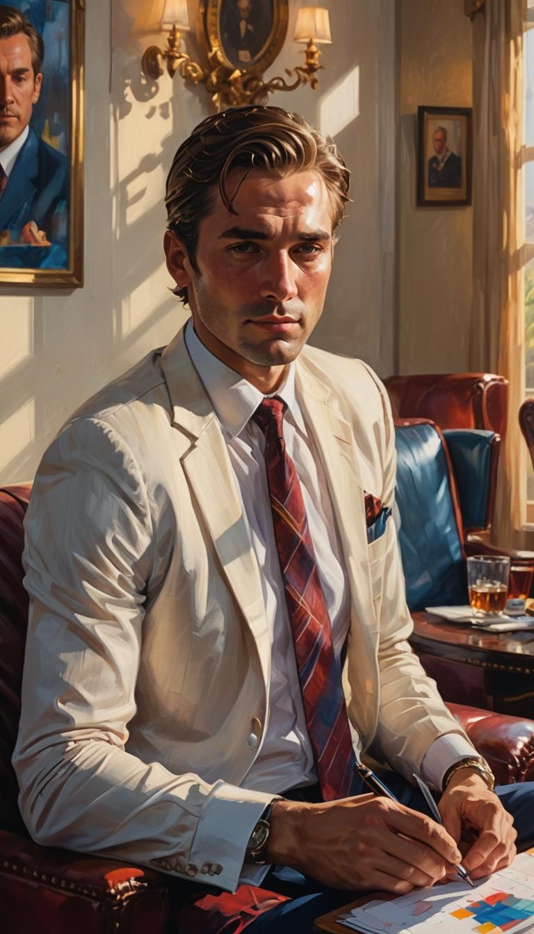 Man Writing Check in Luxurious Room, Cinematic Style