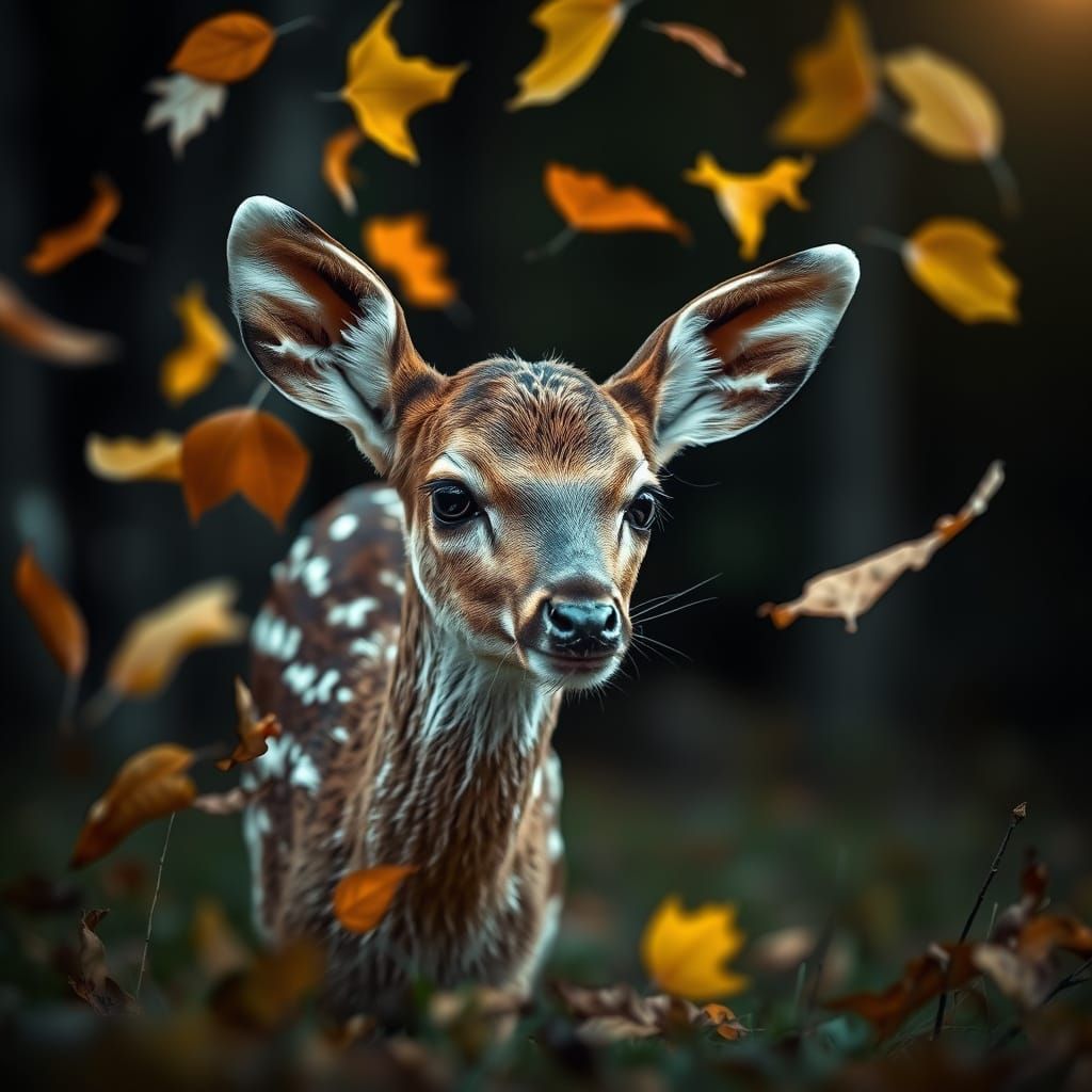 Fawn Playing With Autumn Leaves in Forest