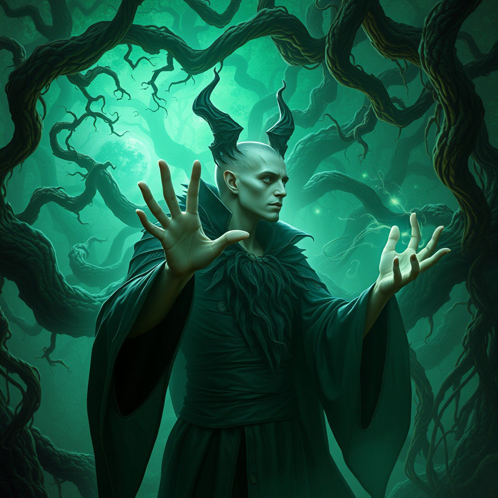Aasimar Warlock Unleashes Dark Magic in Ethereal Forest