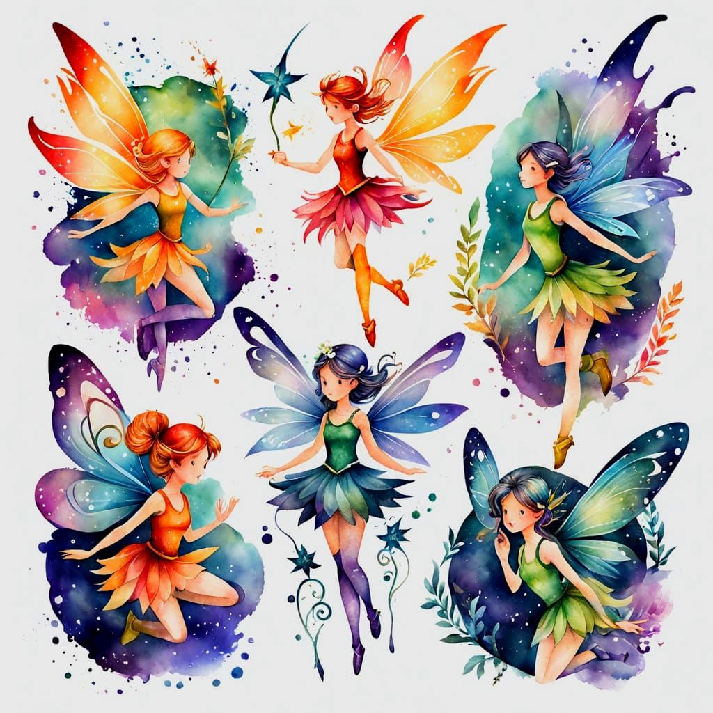 Watercolor Fairies Flash Tattoo Sheet Design