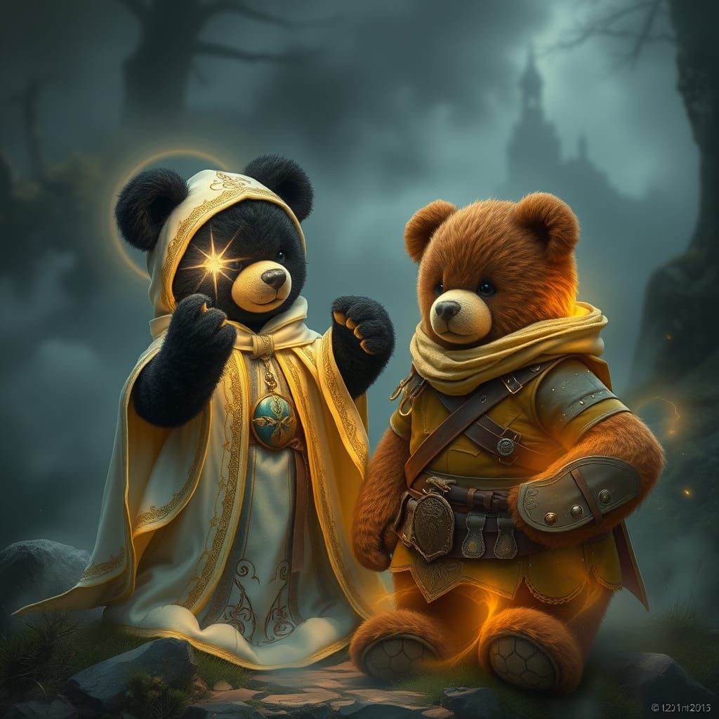 Whimsical Teddy Bear Cleric Heals Warrior in Enchanted Realm