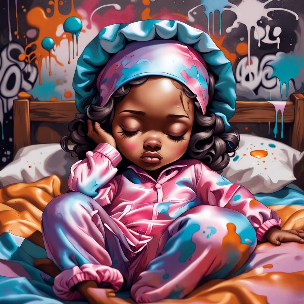 Chibi Woman Asleep in Silk Pajamas, Graffiti Art