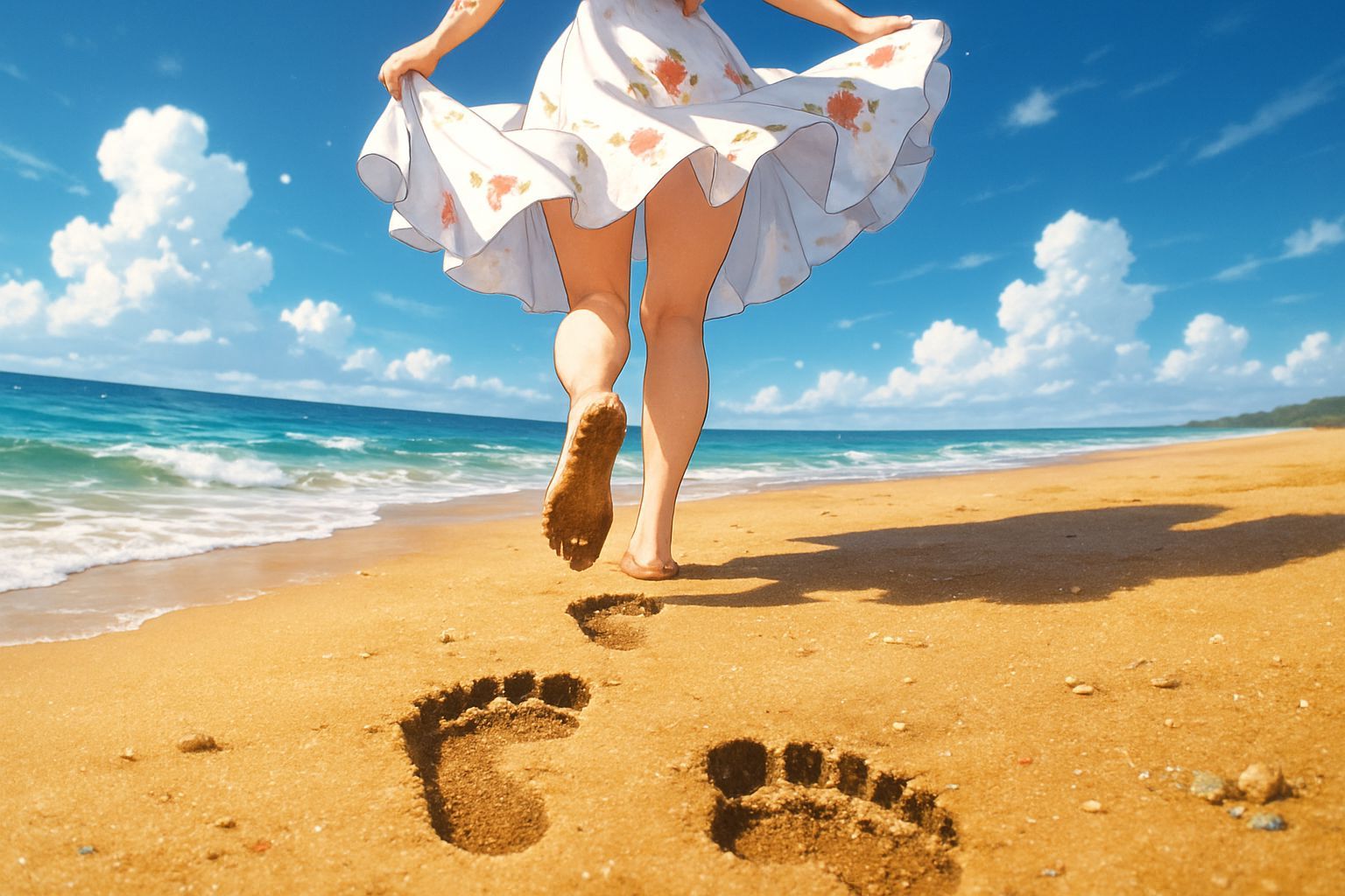 Anime Beach Scene: Woman in Sundress