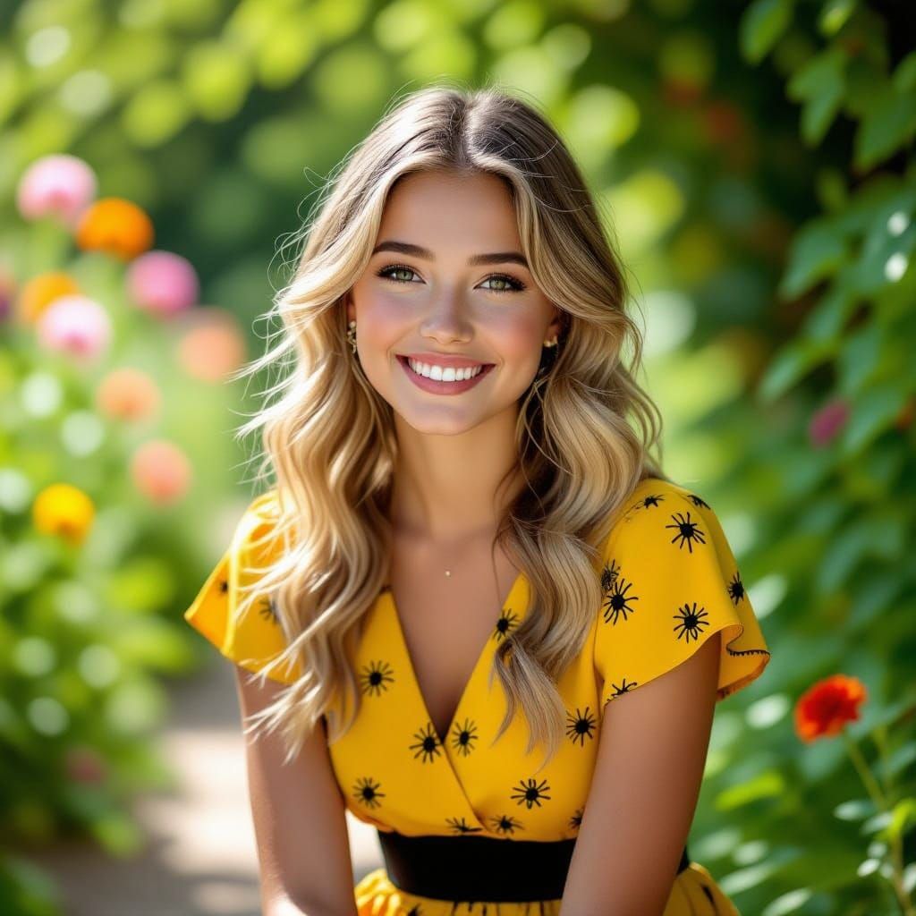Blonde Girl Smiles in Yellow and Black Bee-Inspired Dress