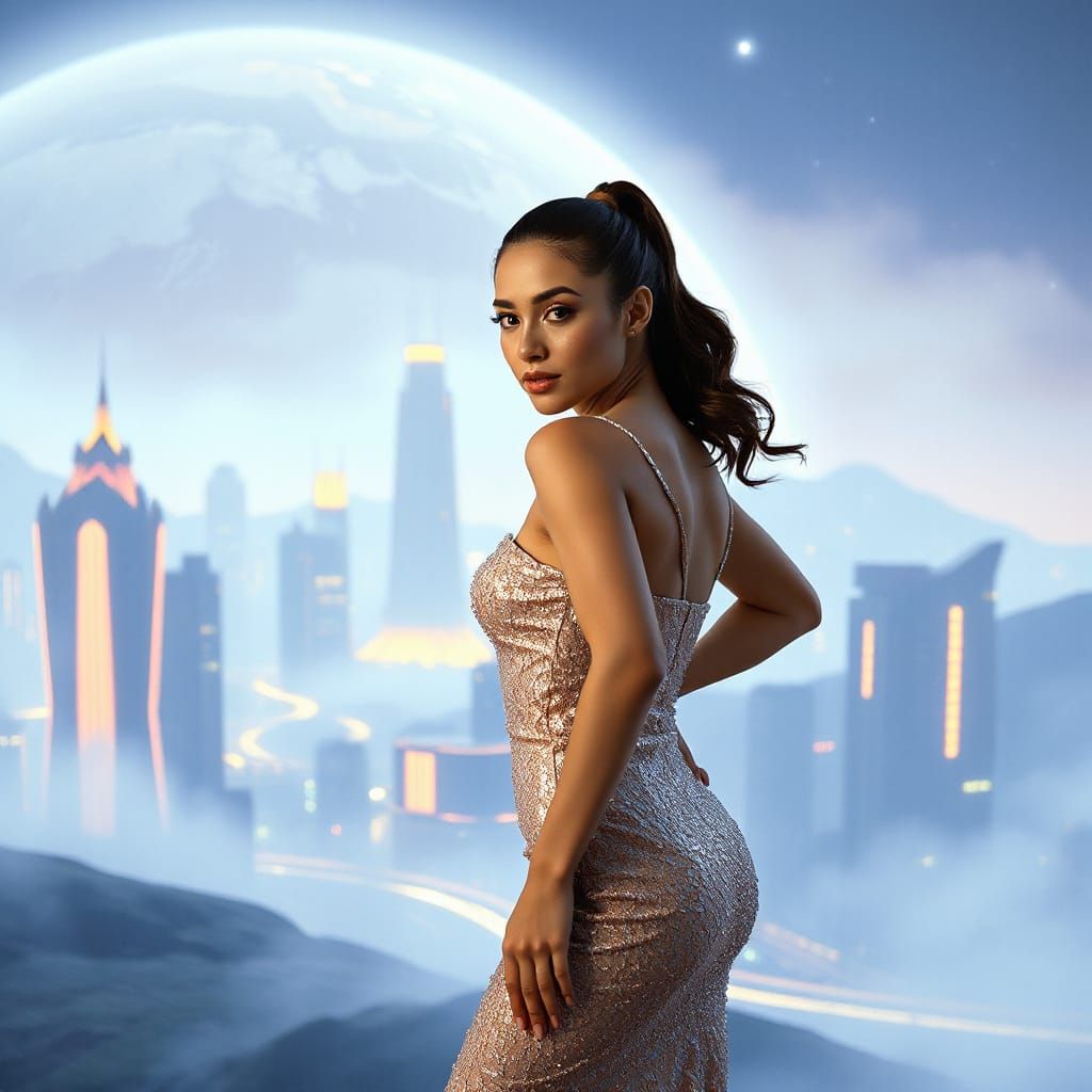Glamorous Woman Poses in Futuristic Neon Cityscape