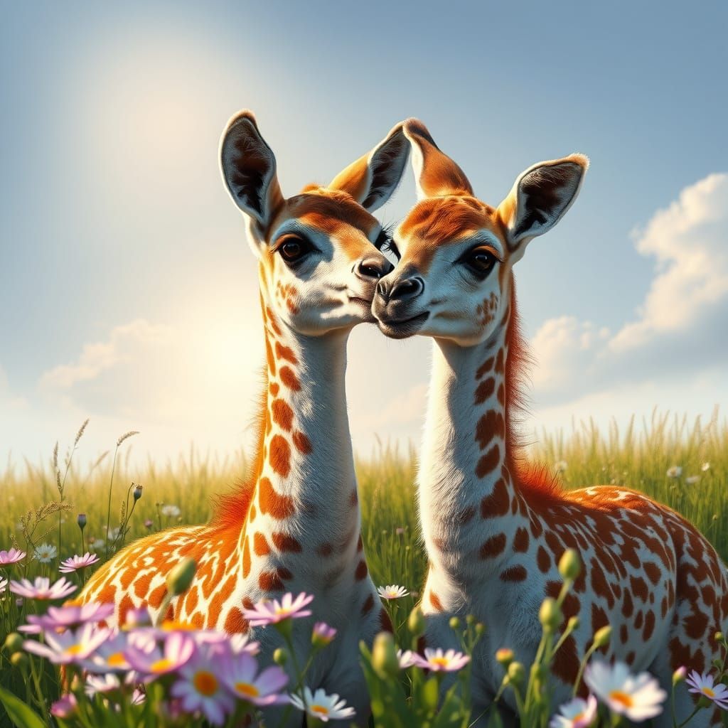 Two Amorous Alpacas on a Vibrant Meadow, Sunrise Background,...