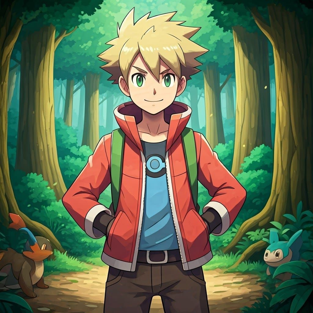 Heroic Pokémon Trainer in Vibrant Forest Landscape