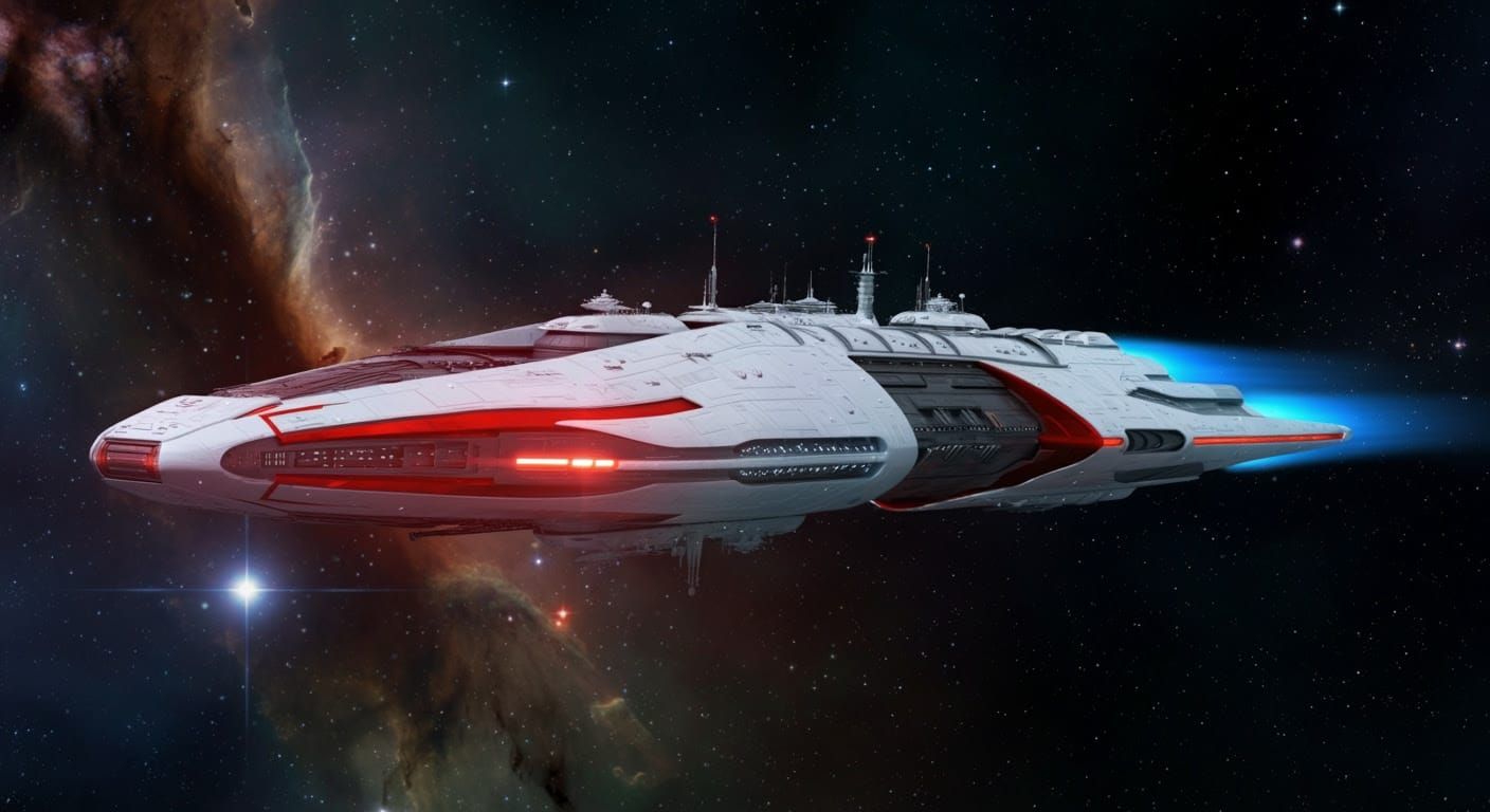 Sleek Chromium Spaceship Glides Through Cosmic Starfields