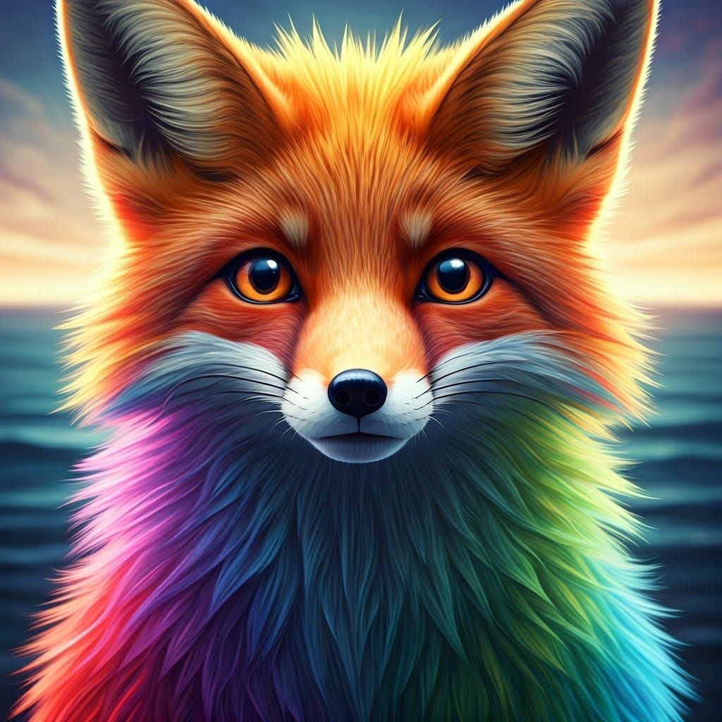 Rainbow Fox with Knowing Eyes, Detailed Digital Art