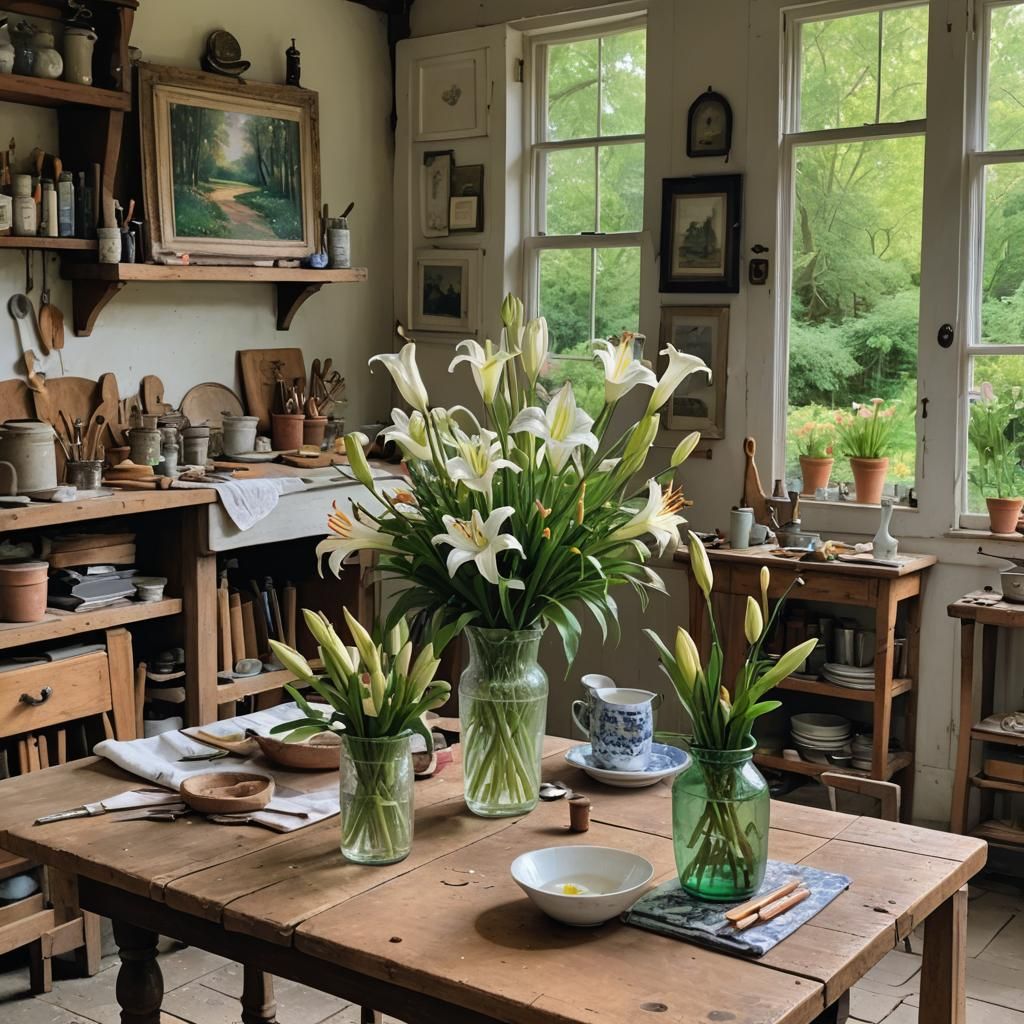 Lillies in Cottage Kitchen with Artist Tools