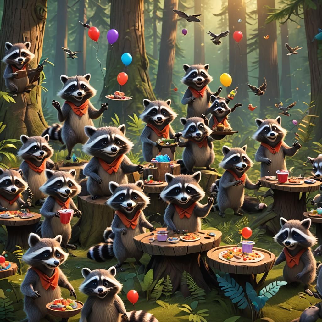 Raccoons Party in Pacific Northwest Forest: 3D Art