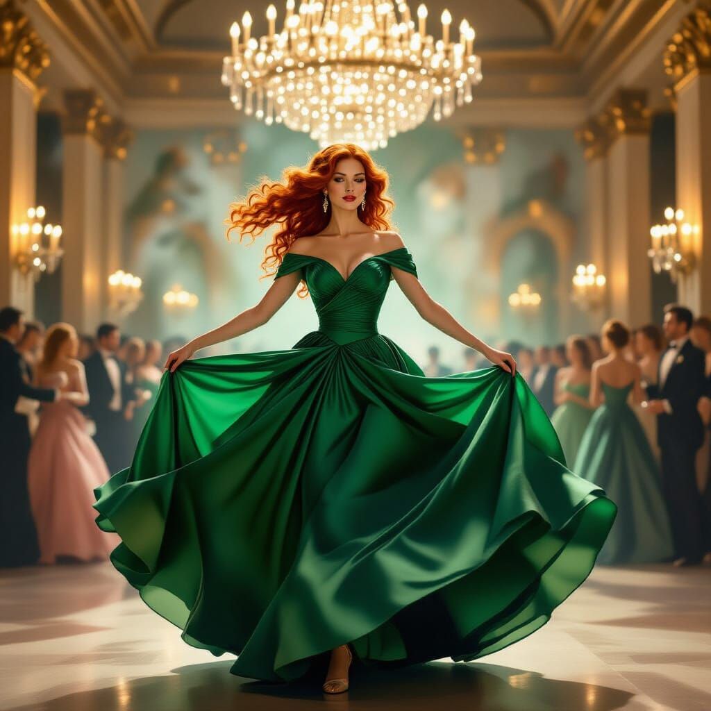 Elegant Red-Haired Woman Dances in Grand Ballroom