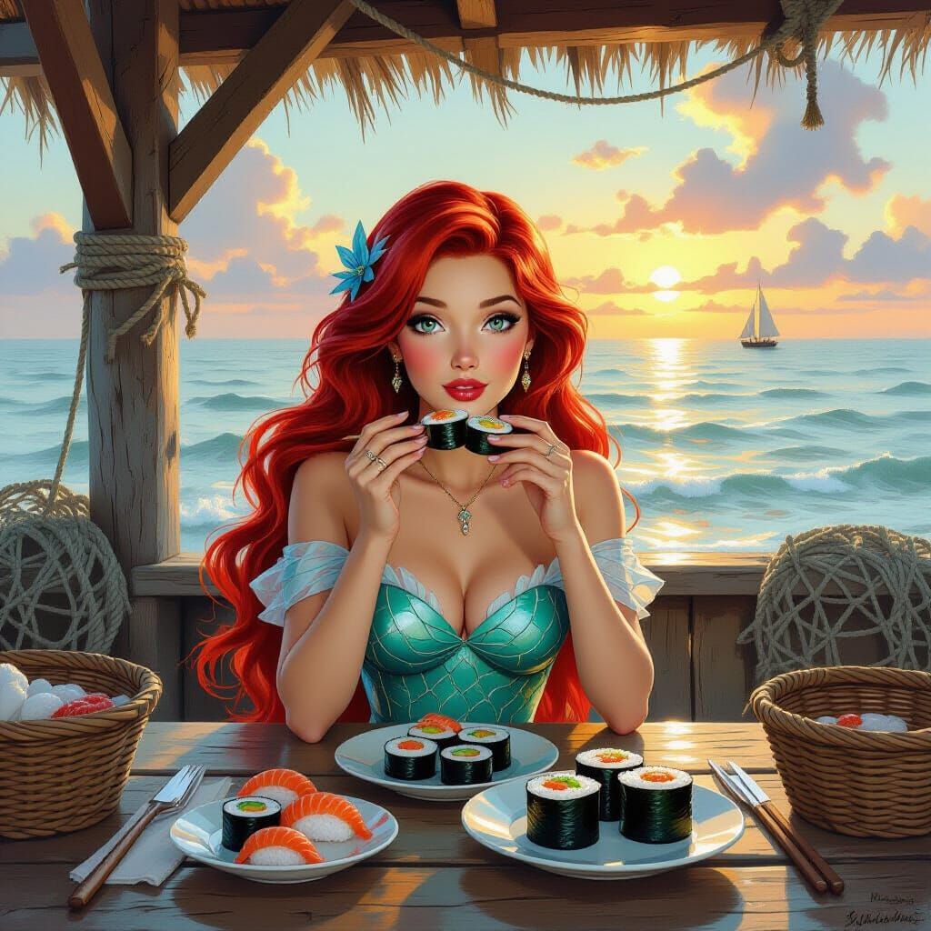 Ariel in Seaside Restaurant, Detailed Fantasy Oil Painting