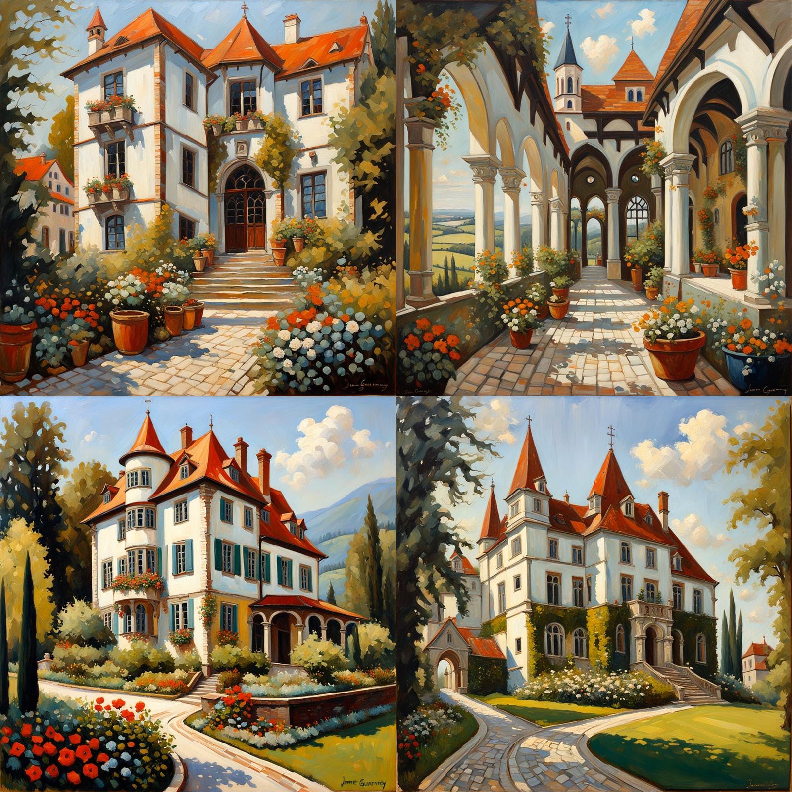 Art Deco Villa with Medieval Frescoes: Oil Painting