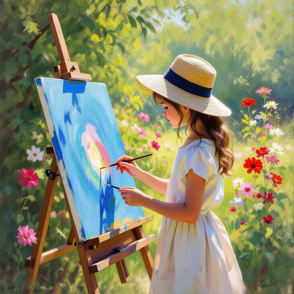 Girl Sketching on Blue Canvas in Sunlit Garden