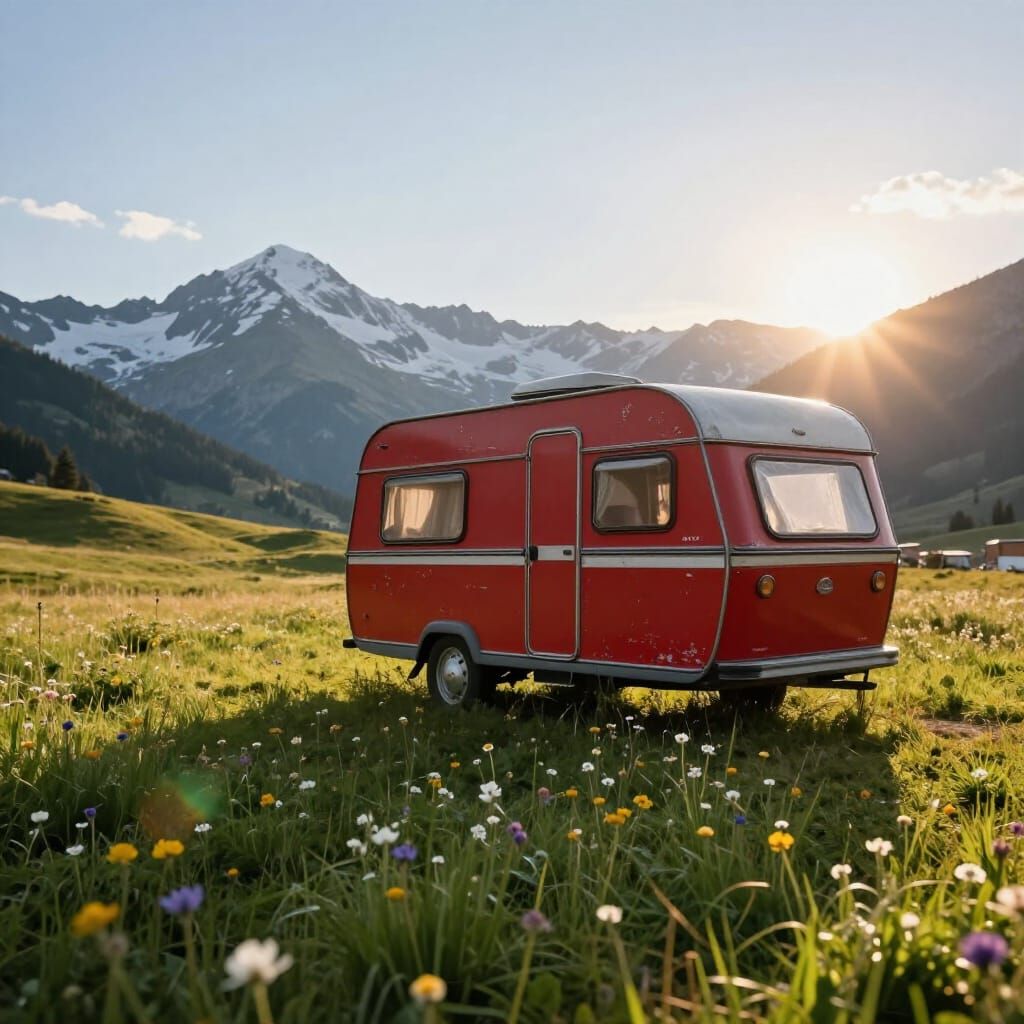 Vintage Red Caravan in Alpine Meadow at Sunset