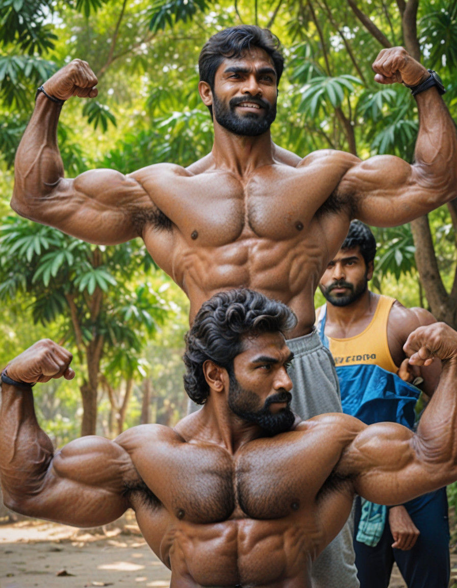 Two Dark-Skinned Bodybuilders Showcase Their Muscles in Inte...