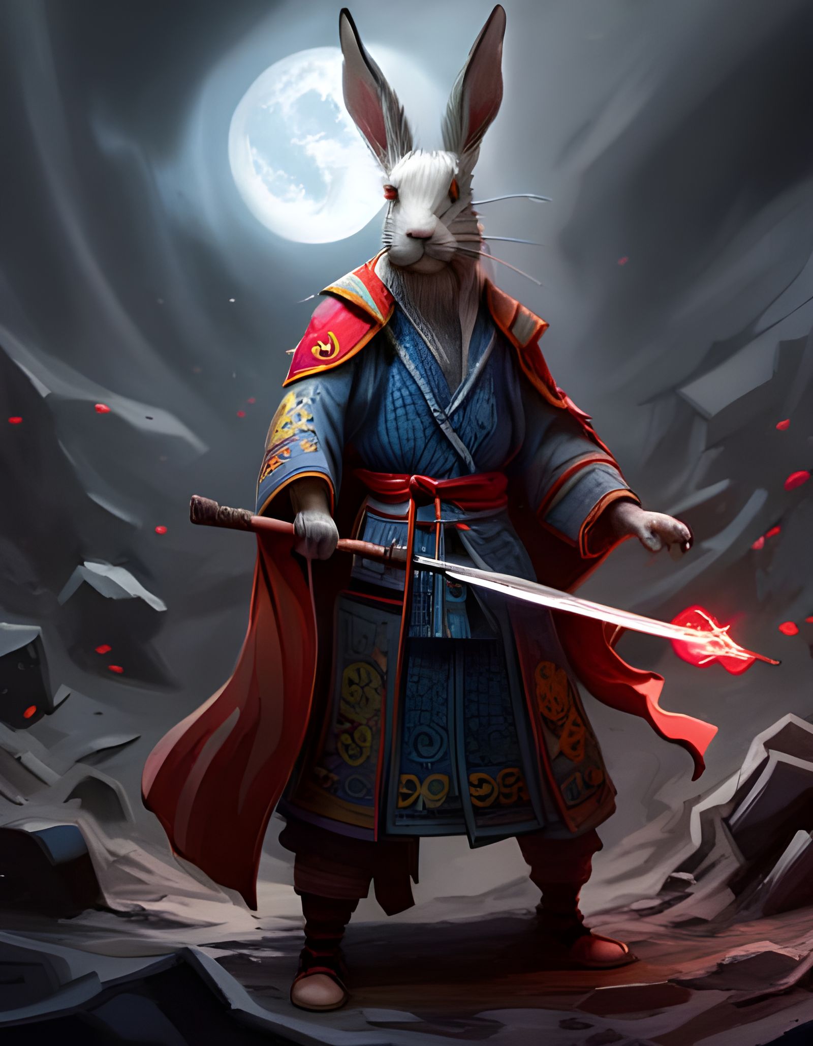 Rabbit Samurai Wizard Battle in Thunderstorm