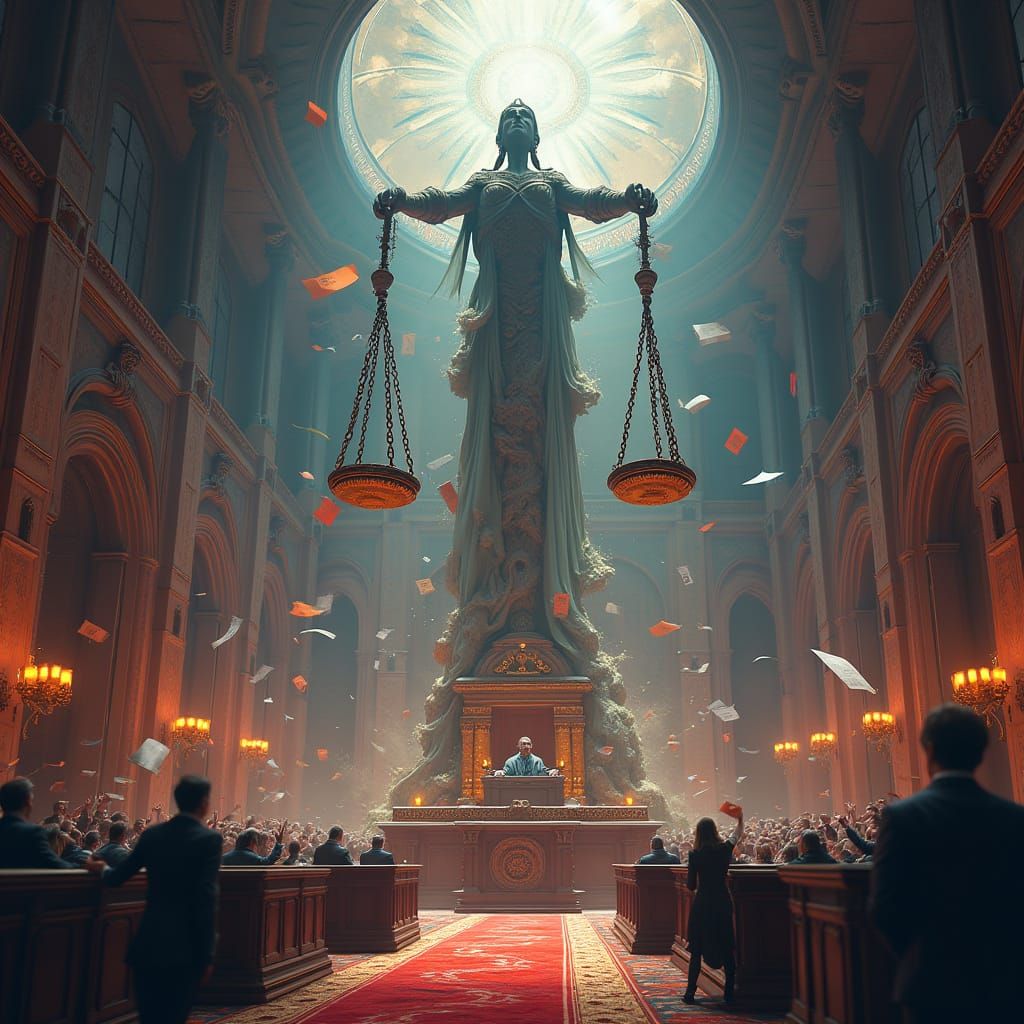 Fantastical Courtroom Scene in Vibrant Fantasy Art Style