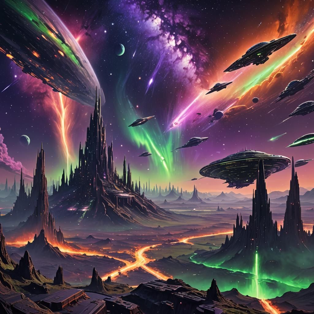 Galactic Empire Concept Art: Sinister Spaceship in Neon Gala...