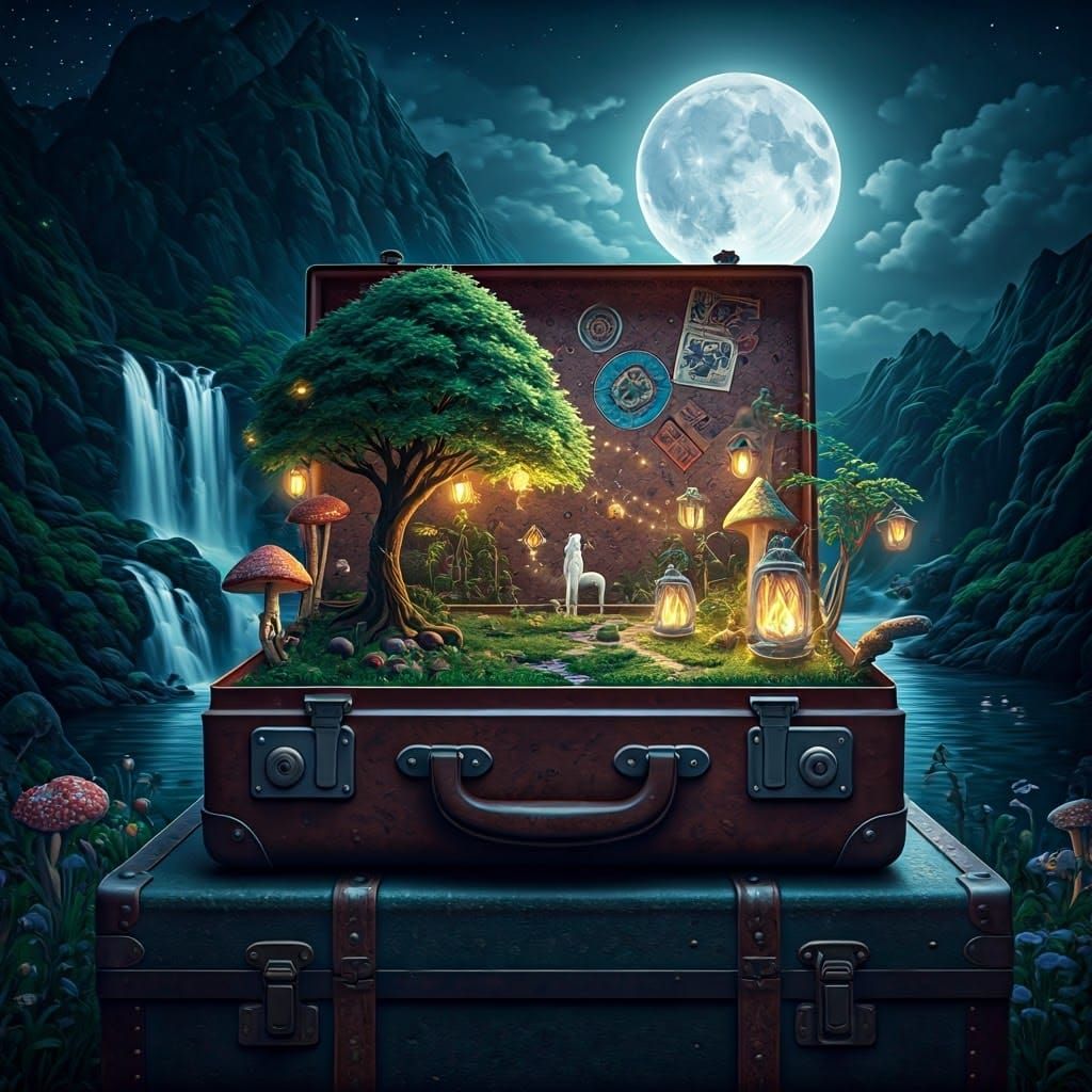 Miniature Fantasy World Inside Antique Suitcase