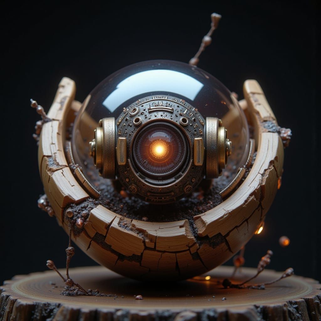 Mysterious Wooden Orb Holds Cyborg Figure in Night City