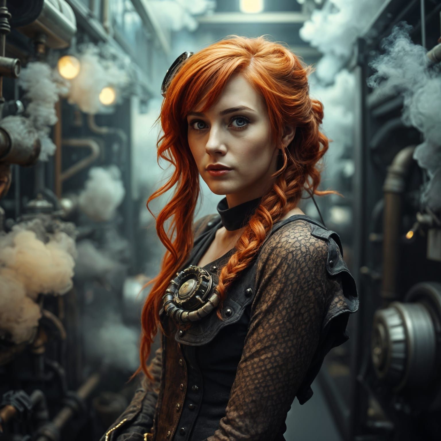 Red-Haired Steampunk Woman in Gritty Film Still