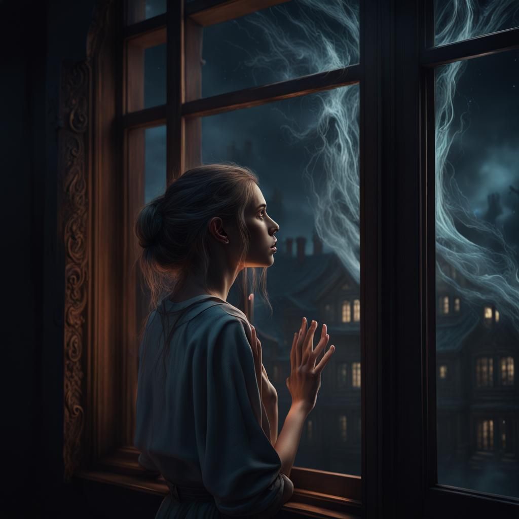 Scared Girl Watches Ghosts in the Night