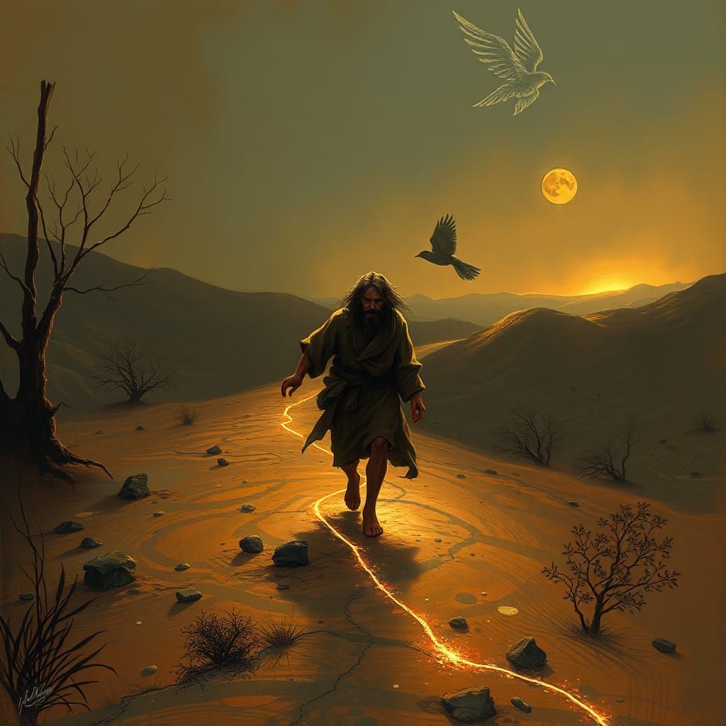 Man's Journey Through Desolate Dreamscape