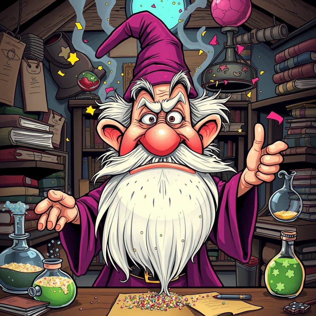 Grumpy Wizard's Spell Backfires in Cartoon Style