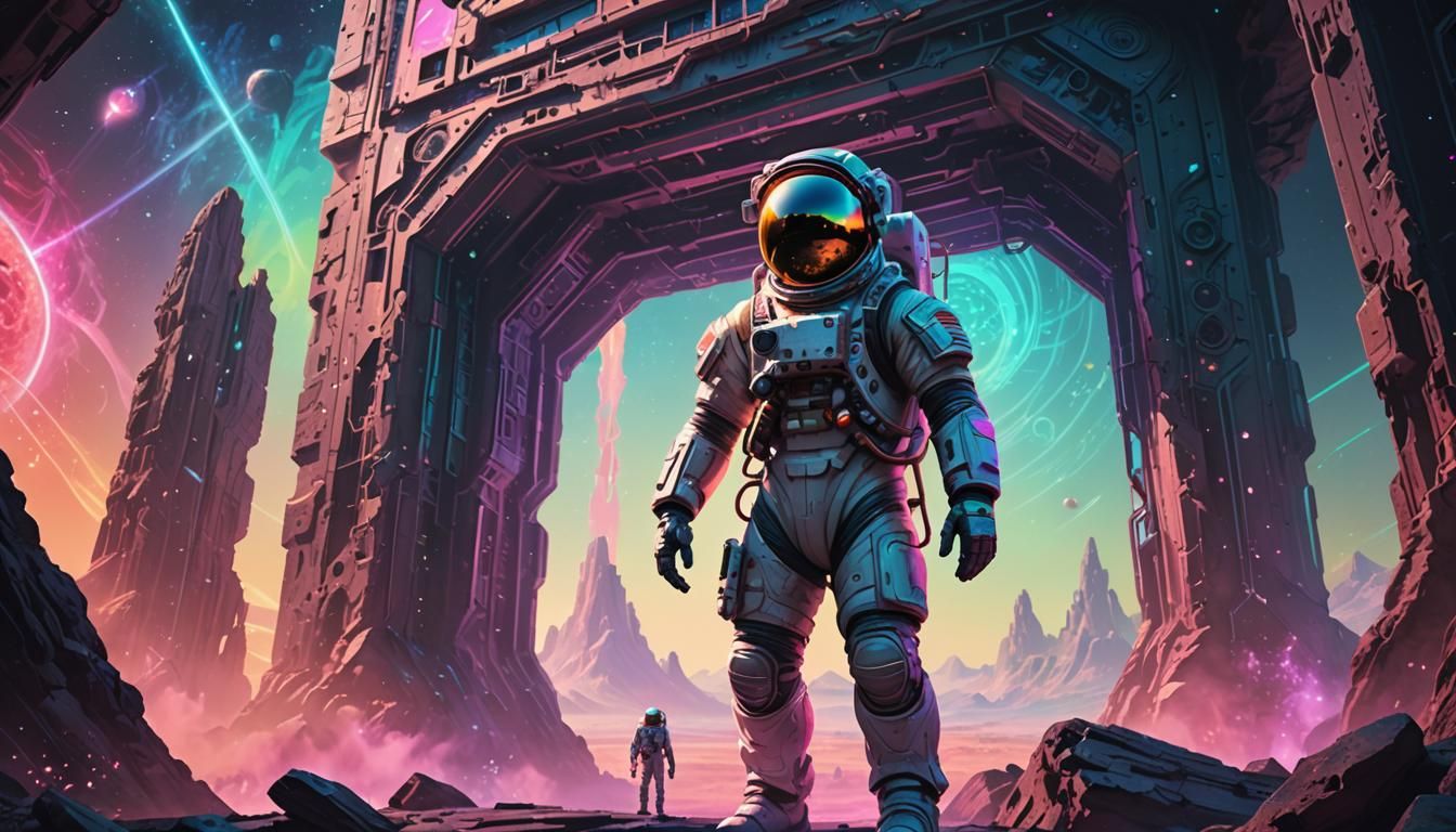 Astronaut and Alien Structure in Neon Digital Art