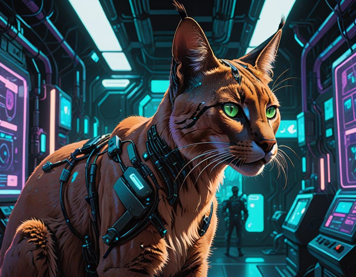 Cyberpunk Caracal with Emerald Eyes in Laboratory