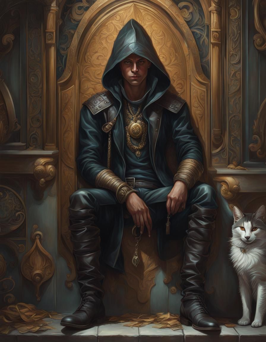 Playful Rogue Thief Relaxing in Dark Fantasy Art