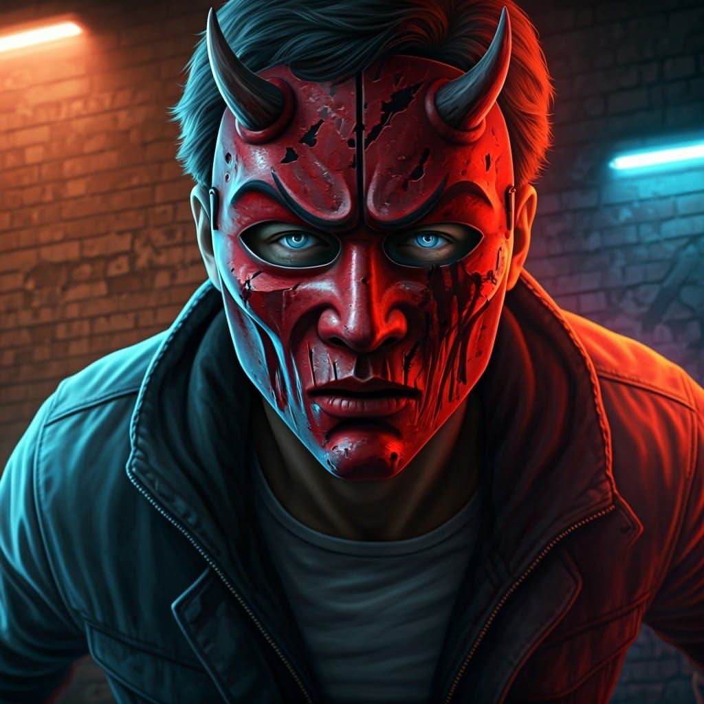 Man in Red Devil Mask Running Towards Graffiti Wall