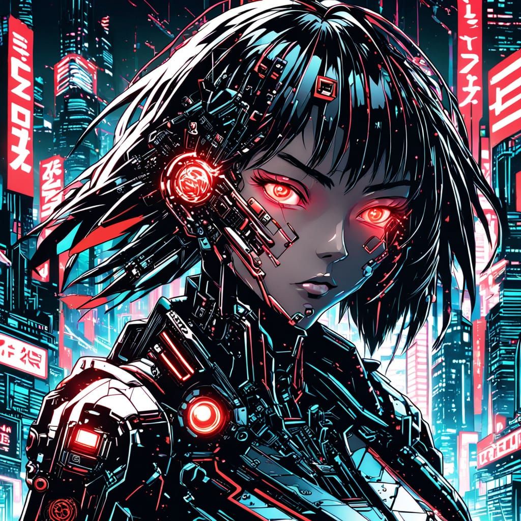 Cyberpunk Android with Red Eyes in Anime Style