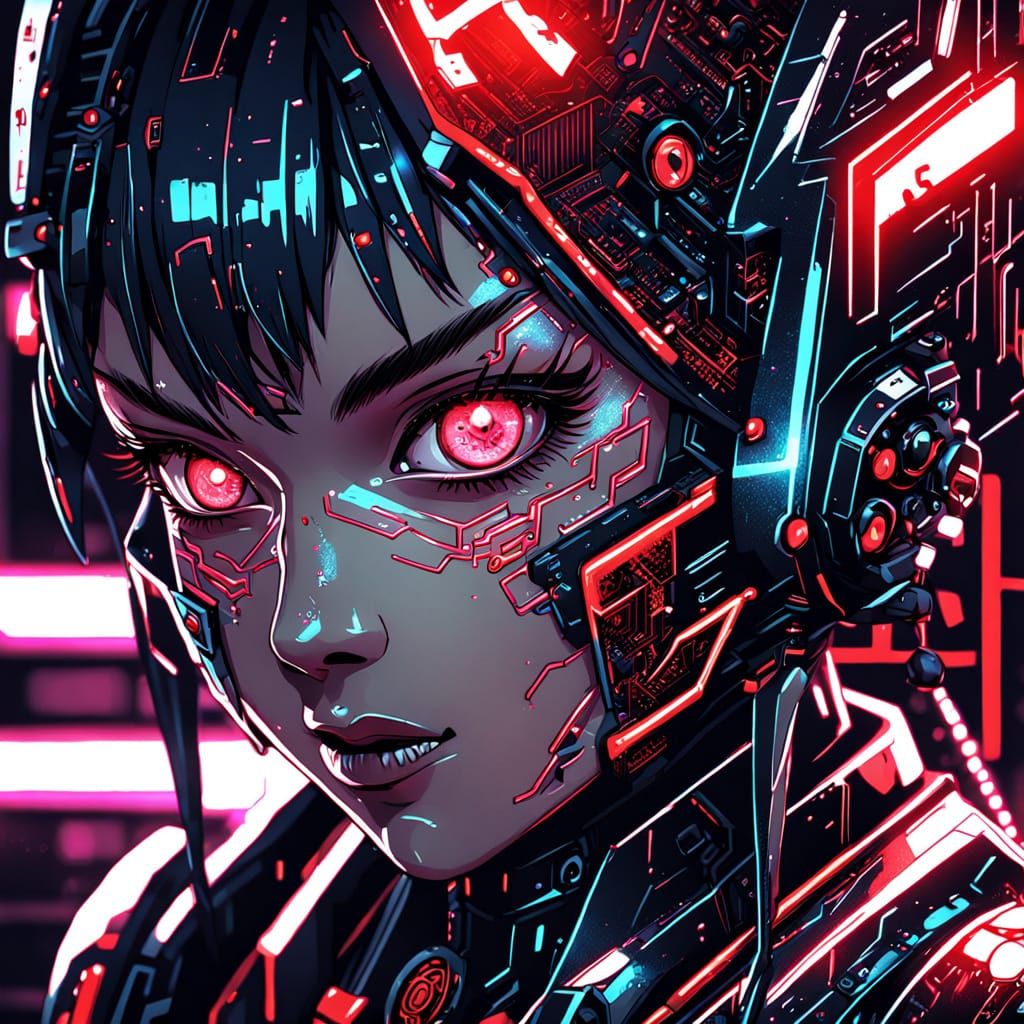 Cyberpunk Android with Red Eyes in Anime Style