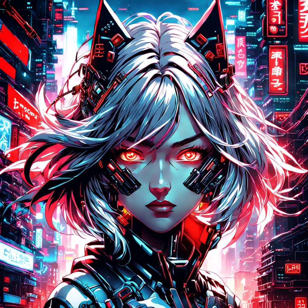 Cyberpunk Android with Red Eyes in Anime Style