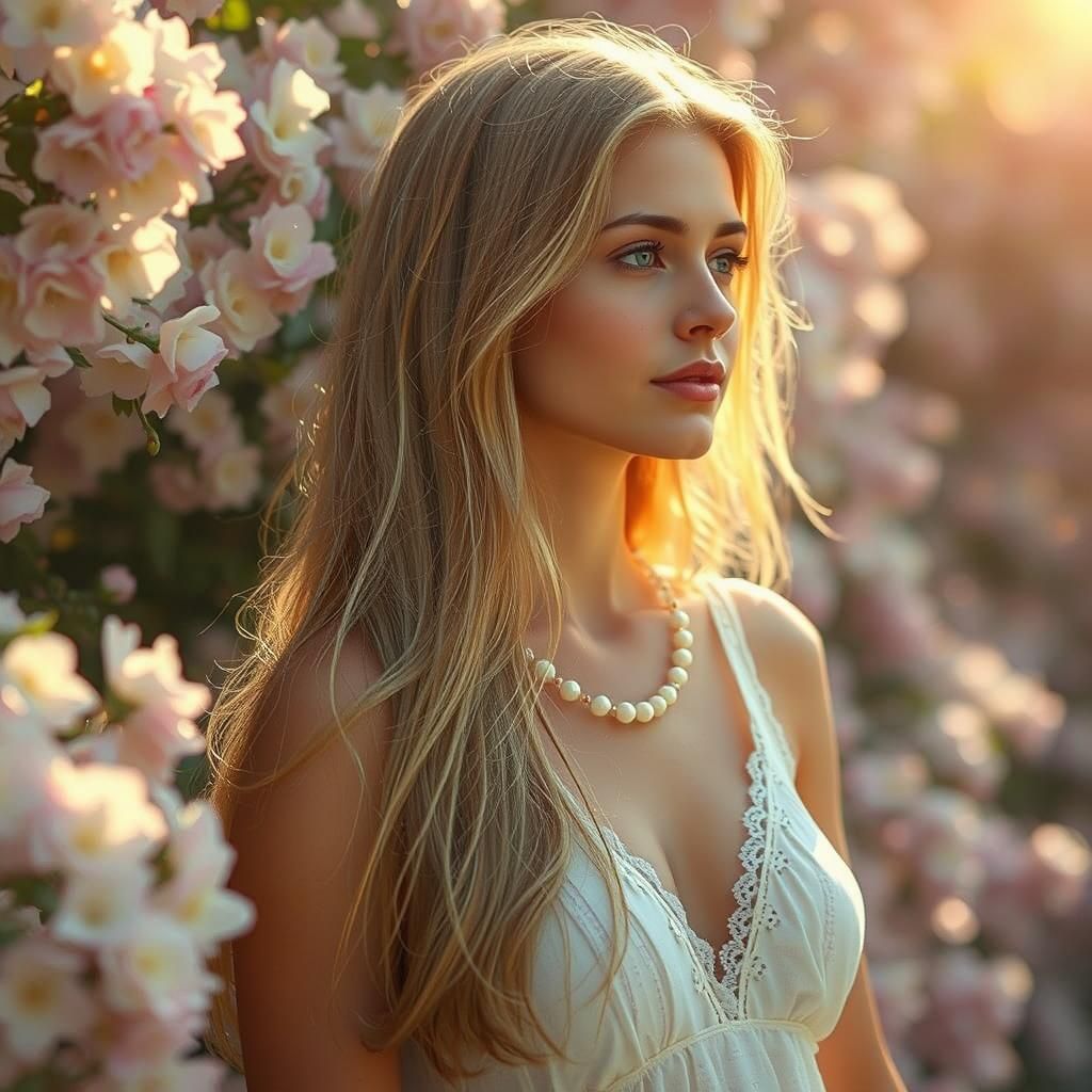 Contemplative Woman in a Lush Pastel Garden