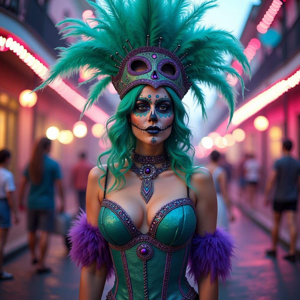 Mardi Gras Woman in Neon-Lit New Orleans