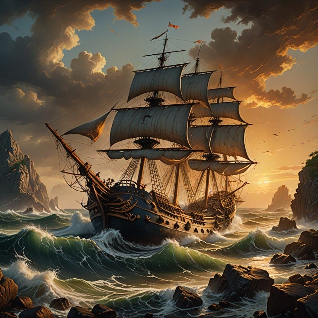 Dramatic Seascape of Spanish Galleon Shipwreck in Romanticis...