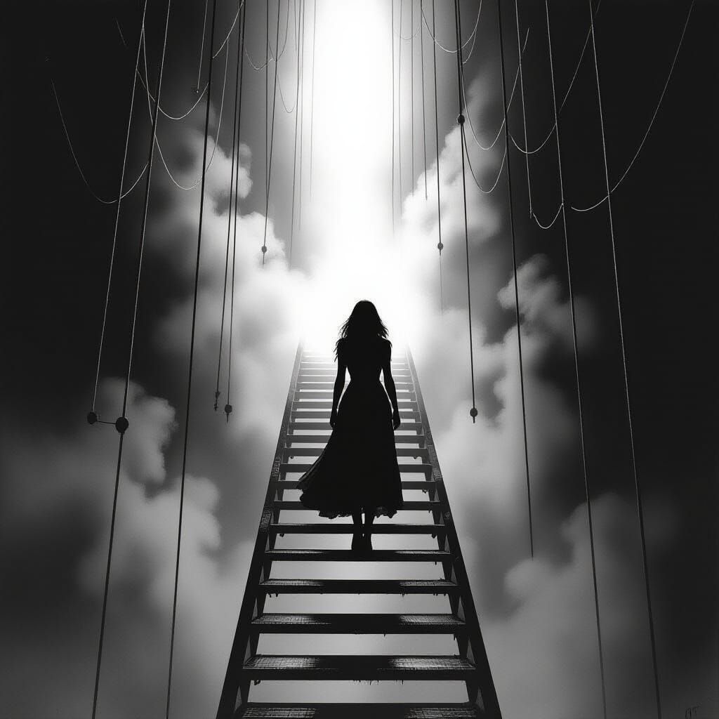 Woman in Stairwell Descending to Glowing Data-Core Hall