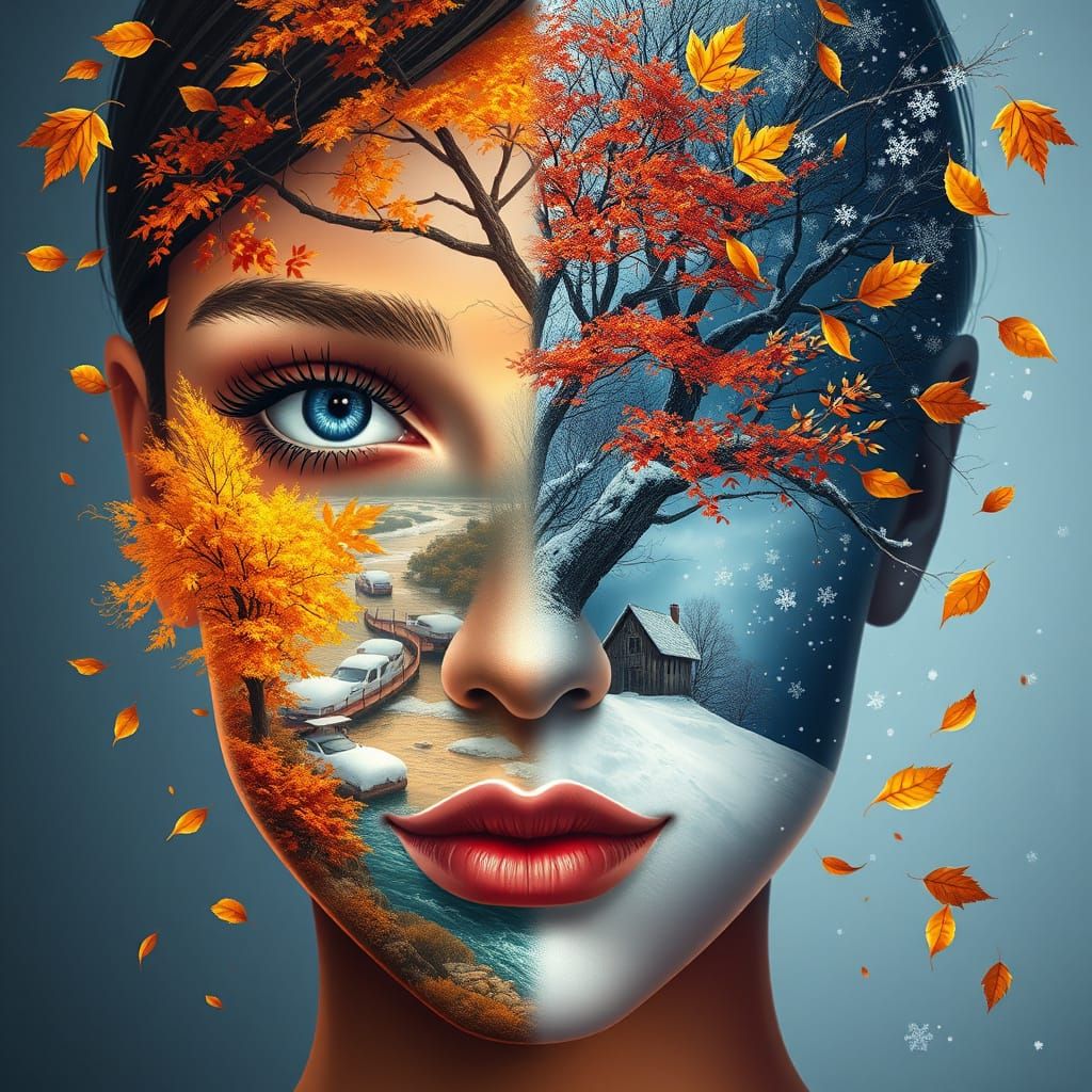 Human Face Autumn to Winter Seasonal Transition Art