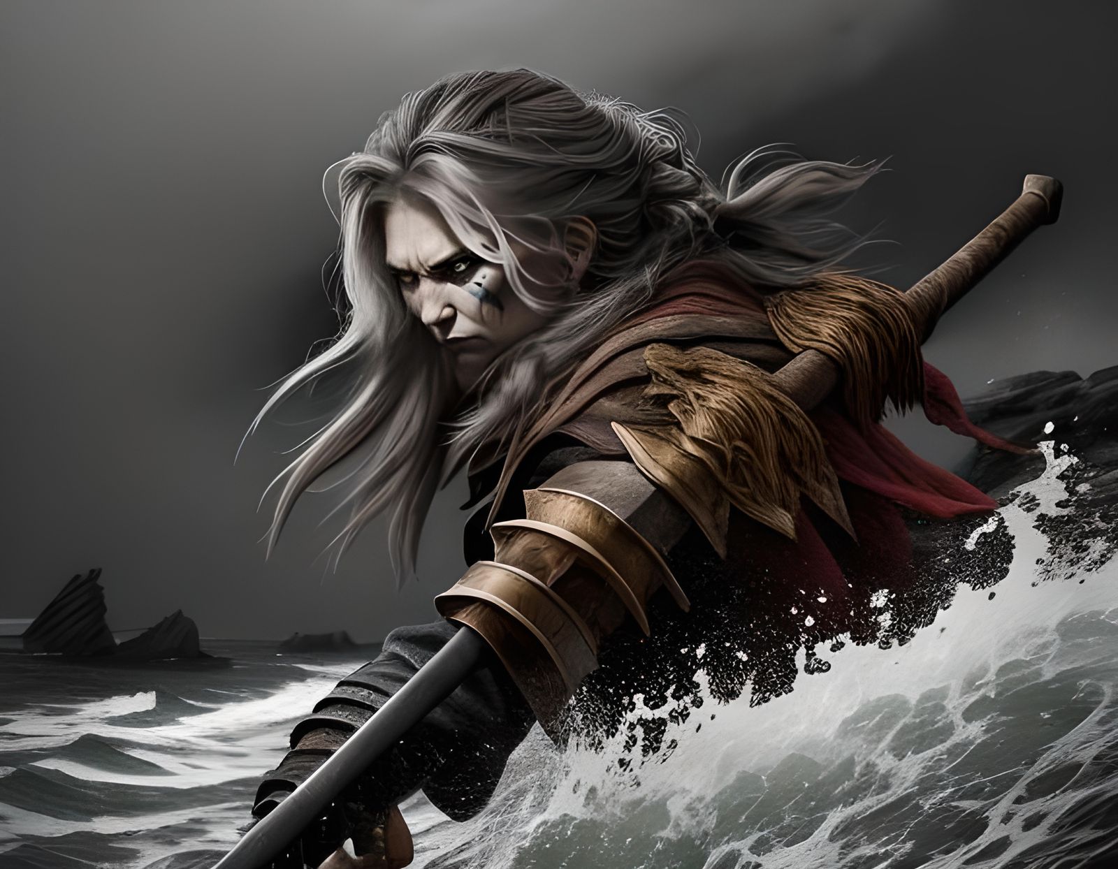 Nordic Valkyrie: Woman Warrior with Axe on Cliff