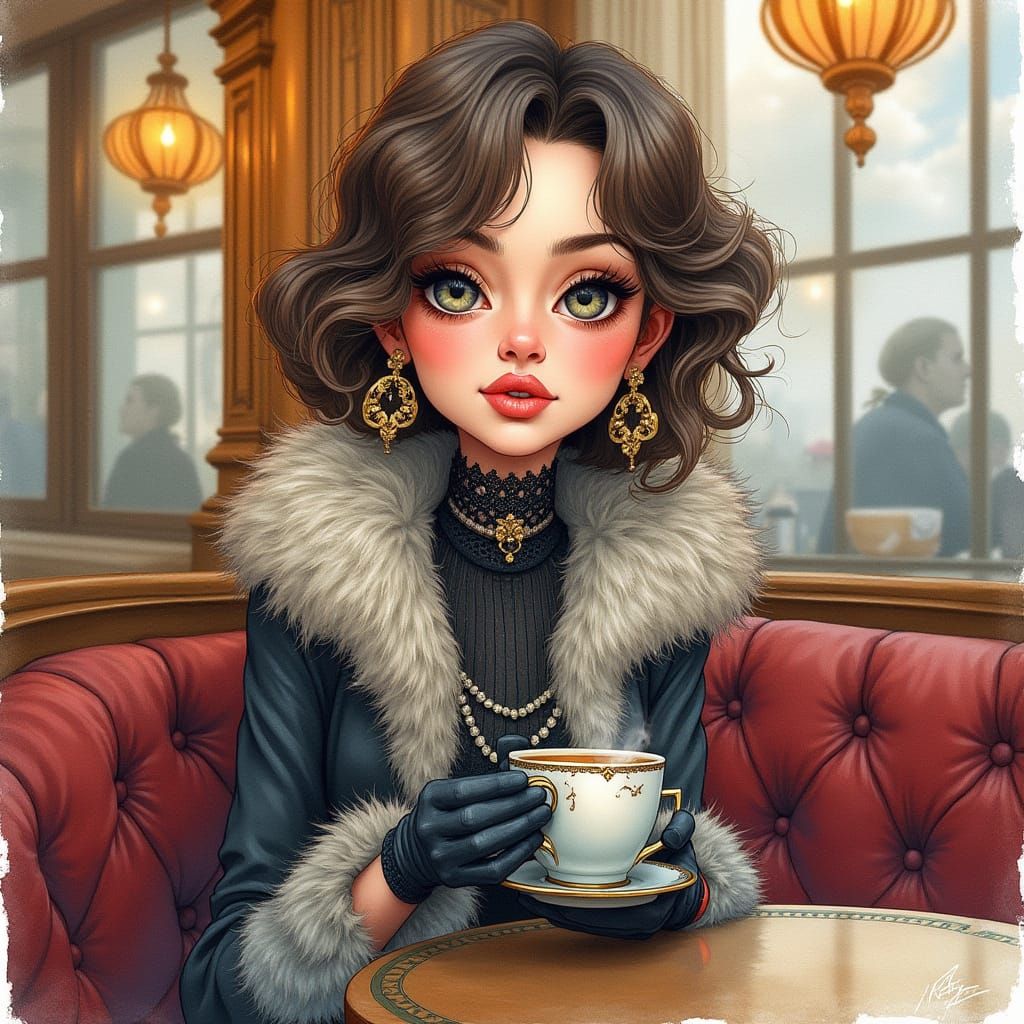 Dreamy Watercolor of Chic Homeless Woman in Cozy Cafe