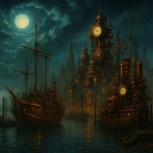 Steampunk Clockwork Harbor Under Moonlit Sky